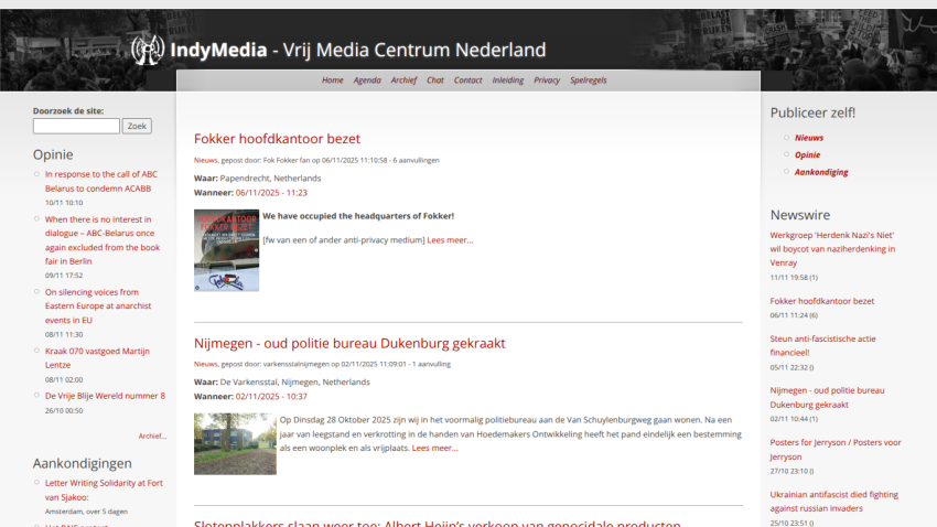 IndyMedia Vrij Media Centrum Nederland homepage with news articles about Fokker headquarters occupation and Nijmegen police bureau squatting