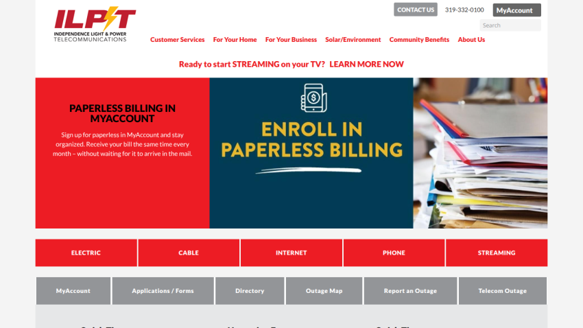 ILPT homepage with navigation menu and hero section promoting paperless billing enrollment