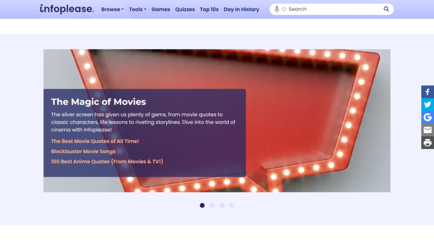 Homepage featuring 'The Magic of Movies' with a colorful marquee design and navigation options.