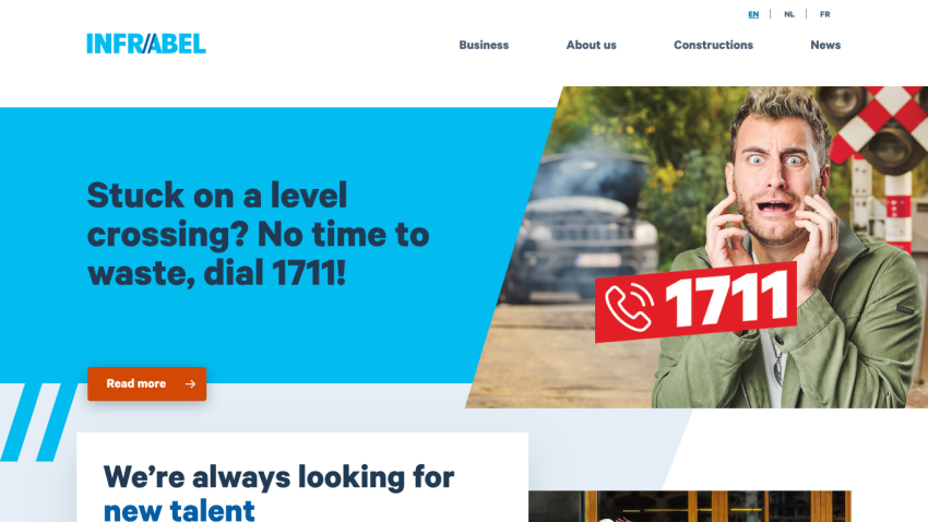 Infrabel website hero with call to action for level crossing emergency number 1711 and recruitment message