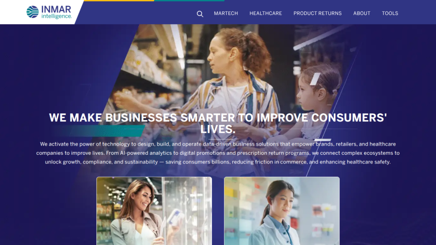 Homepage featuring a tagline about improving consumers' lives and images of professionals.