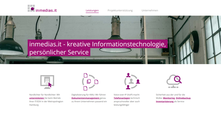 inmedias.it website offering creative IT services with personal service, featuring IT support, document management, VoIP phone systems, and cloud security