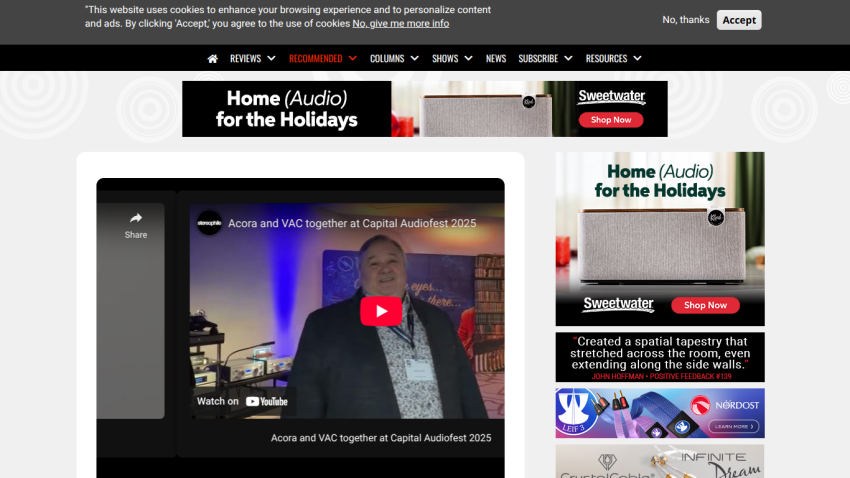 Stereophile website with navigation menu, a featured video titled Pulsar 1 2 1, and holiday audio product ads
