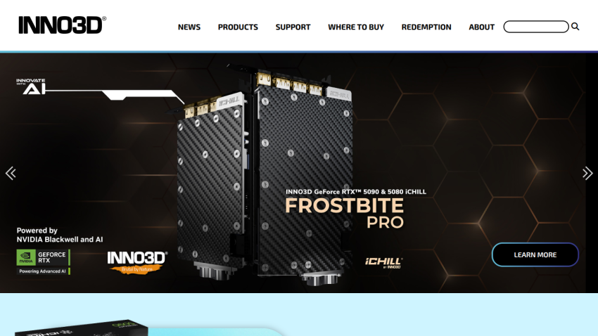INNO3D homepage featuring GeForce RTX 5090 & 5080 iCHILL Frostbite Pro graphics cards with NVIDIA AI branding