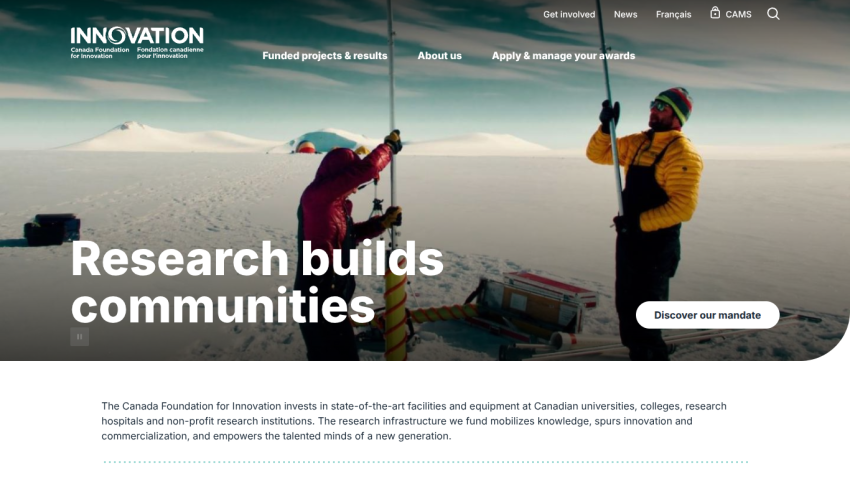 Canada Foundation for Innovation homepage with research community message and snowy field image