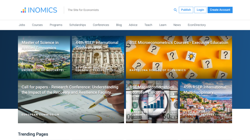 INOMICS homepage with navigation and featured economics programs and conferences from various universities and institutions