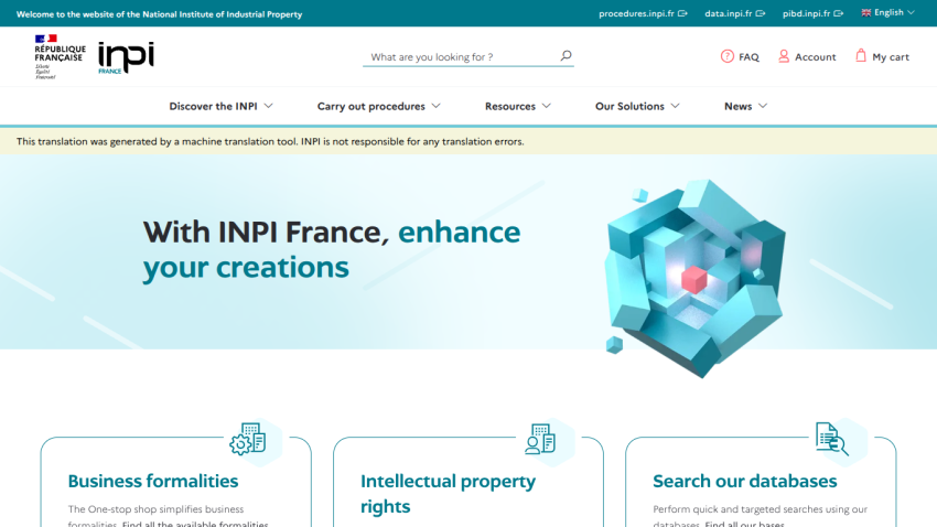 Homepage of INPI France showcasing services related to intellectual property.