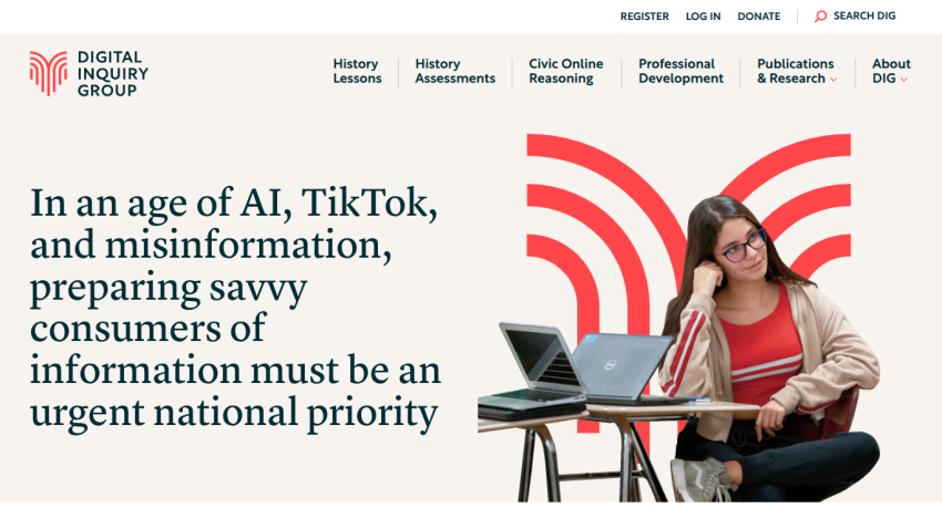 Digital Inquiry Group homepage with navigation and message on preparing savvy consumers of information amid AI, TikTok, and misinformation