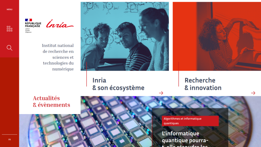 Homepage of Inria showcasing research and innovation with images and key text.