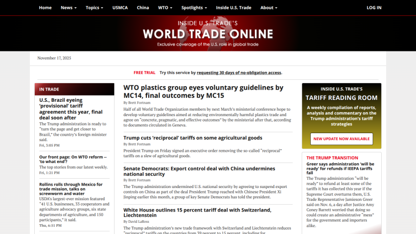 World Trade Online homepage with news headlines on U.S. trade, WTO plastics guidelines, tariffs, and trade missions