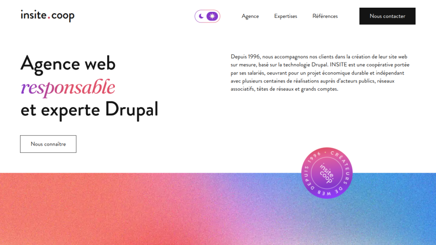 Web agency homepage highlighting expertise in responsible web design and Drupal with contact button
