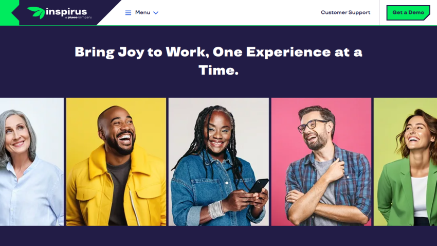 InspirUS homepage with headline 'Bring Joy to Work, One Experience at a Time' and smiling diverse people in colorful backgrounds