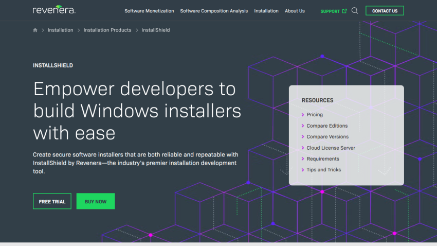 Homepage promoting Windows installer development tools with a call to action.