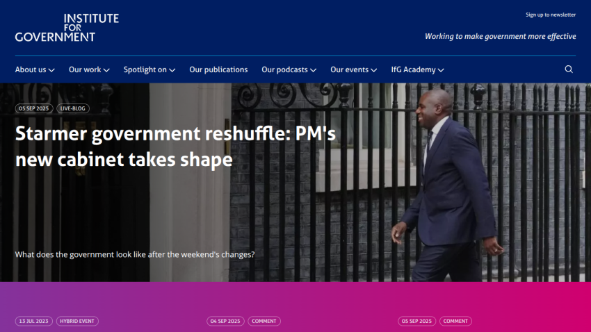 Headline about Starmer's government reshuffle with a man walking outside.