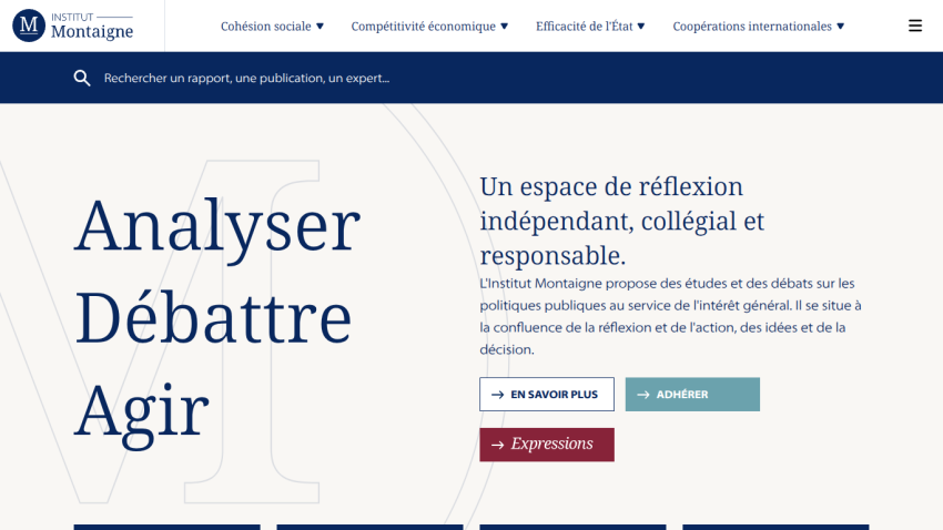 Homepage featuring search bar and key phrases: 'Analyser', 'Débattre', 'Agir'.