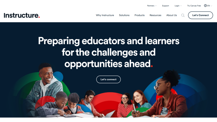 Instructure homepage hero with headline about preparing educators and learners, call to action button, and diverse group of people