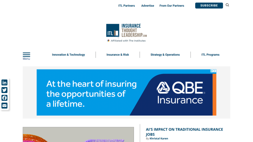 Insurance Thought Leadership homepage with navigation, article on AI's impact on insurance jobs, and opioid safety ad