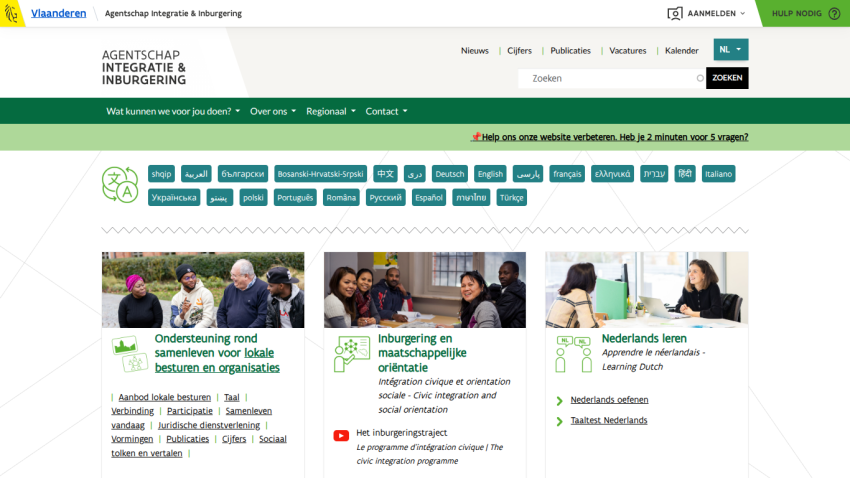Flemish government integration agency site with navigation, language options, and sections on community support, social orientation, and Dutch learning