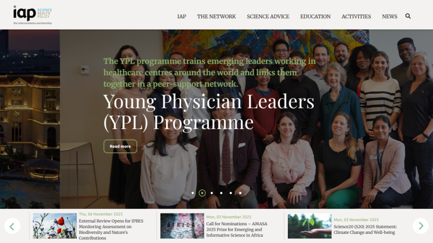 The Interacademy Partnership website with navigation menu and featured programs including the Young Physician Leaders Program.