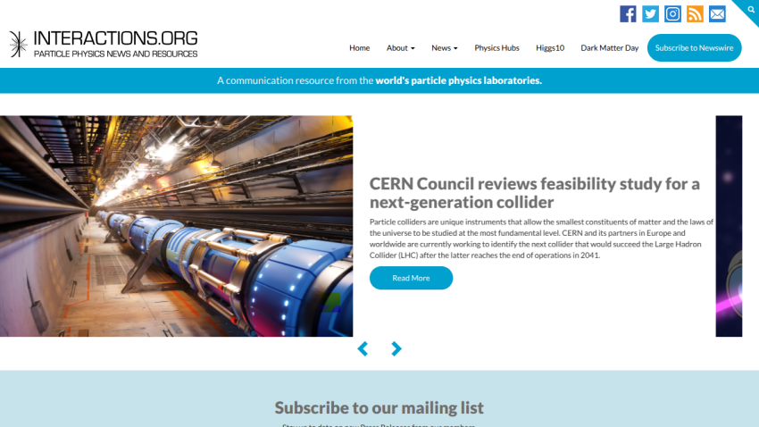 Particle physics news site with article on ion recycling to illuminate heavy elements and navigation links