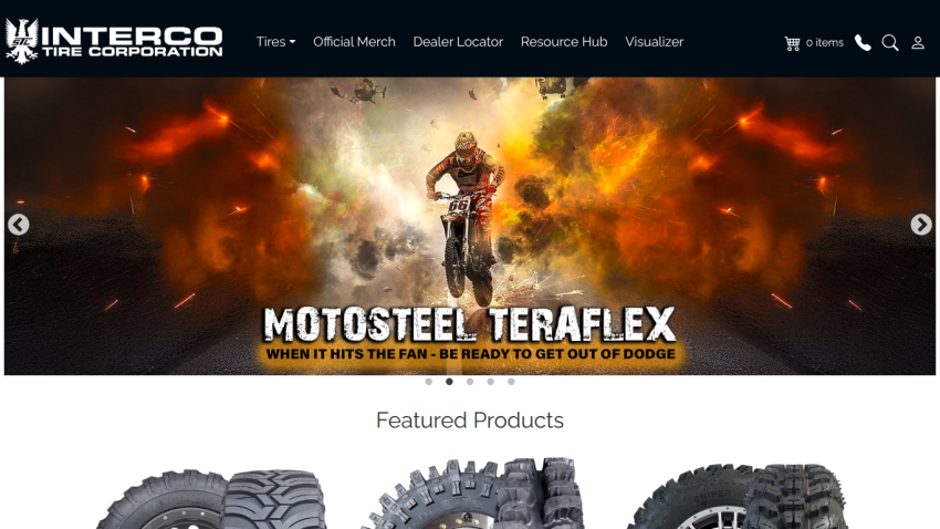 Interco Tire Corporation homepage with navigation, hero image of motocross rider and featured tire products