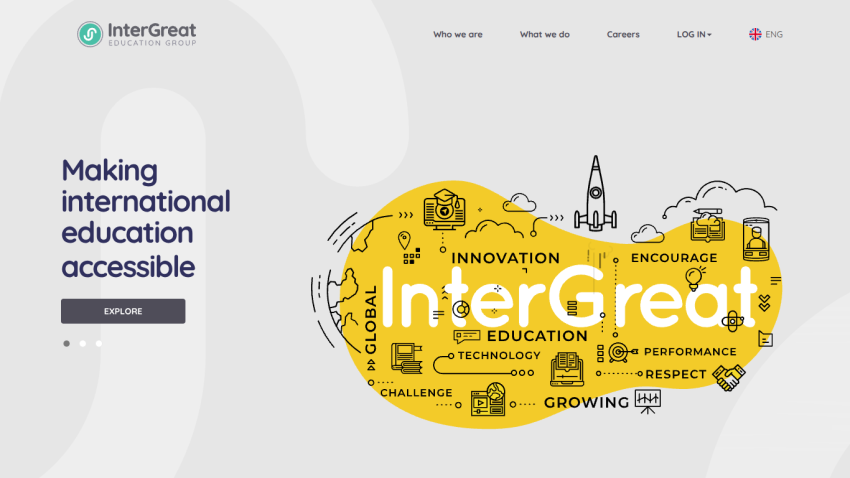 InterGreat Education Group homepage with navigation and hero text 'Making international education accessible' and related education-themed graphics
