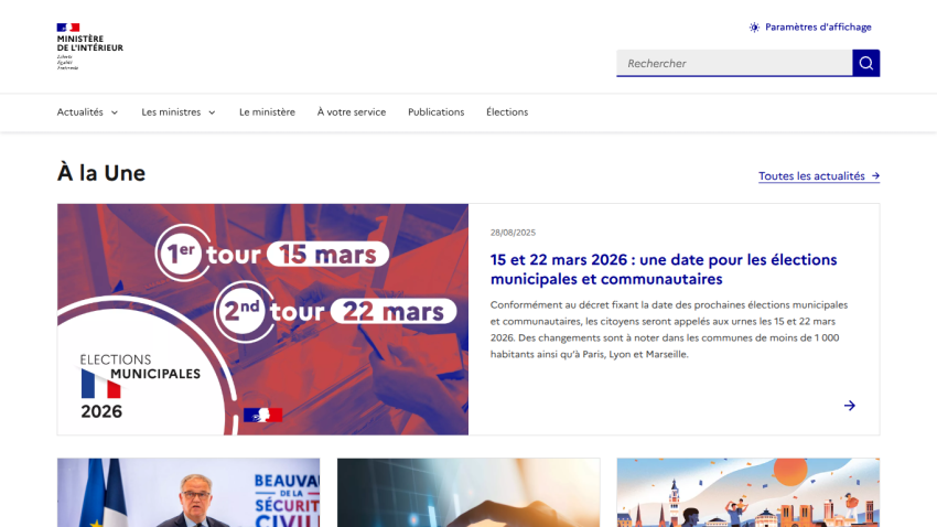 Homepage featuring upcoming municipal elections with dates and details.