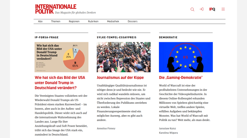 International politics magazine homepage featuring articles on USA image under Trump, journalism challenges, and gaming democracy.