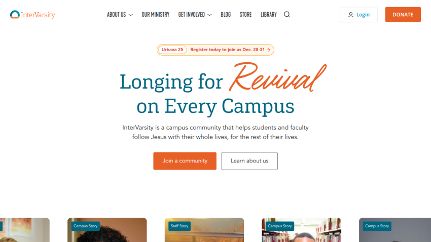 InterVarsity campus community promoting revival on every campus with options to join or learn more