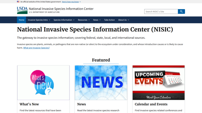 Homepage of the National Invasive Species Information Center featuring news and events.