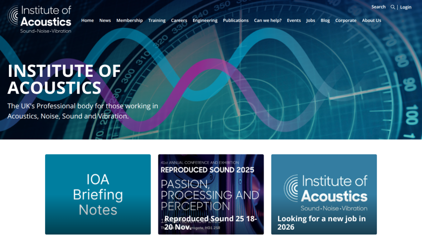 Institute of Acoustics homepage with navigation and hero text about professional body for acoustics, noise, sound, and vibration