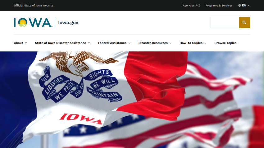 Iowa state website featuring flags and navigation links for disaster assistance.