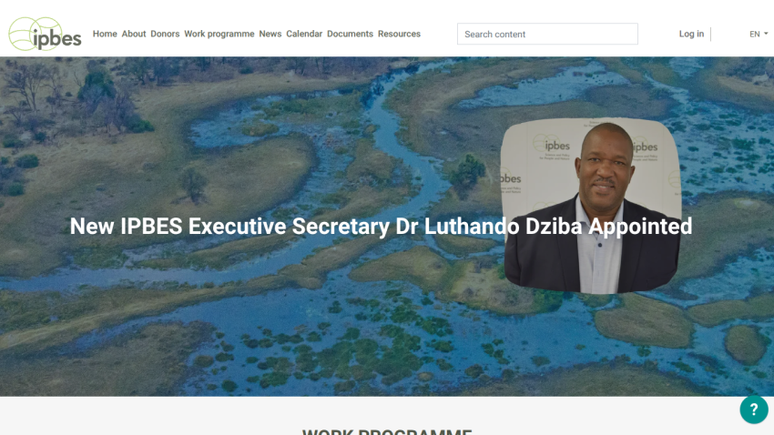 Announcement of new IPBES Executive Secretary Dr. Luthando Dziiba with a scenic background.