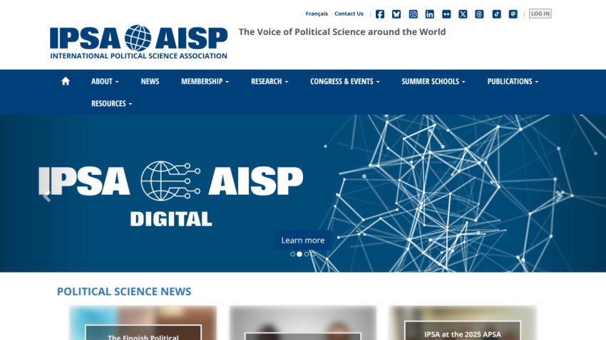 International Political Science Association homepage with navigation menu and digital event promotion