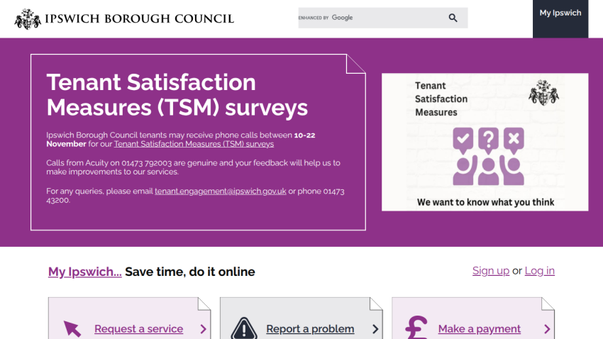 Ipswich Borough Council tenant satisfaction surveys page with navigation and service options