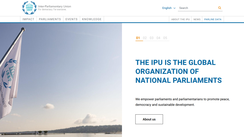 Homepage of the IPU, highlighting its role in promoting peace and sustainable development.