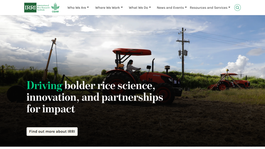 Homepage featuring a tractor and text about rice science and partnerships.