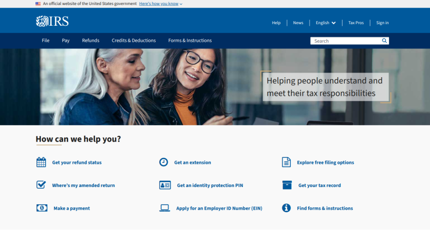 IRS homepage with options for tax assistance and a supportive message.
