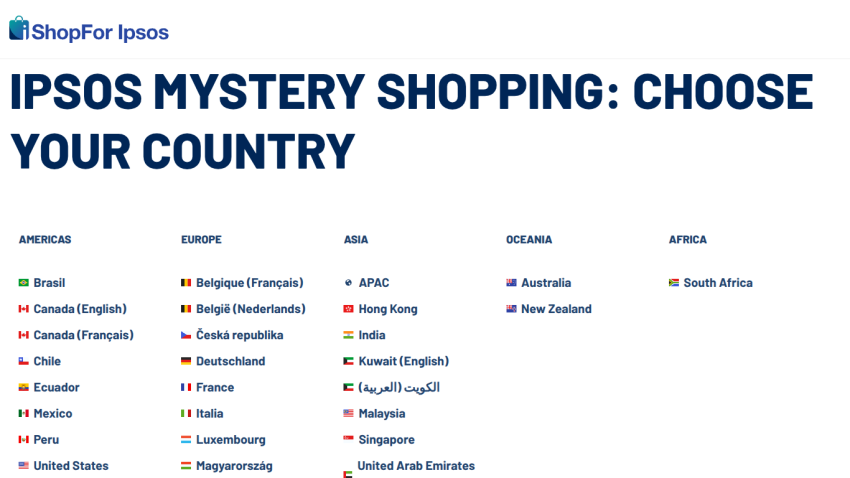 Ipsos Mystery Shopping country selection page with regions Americas, Europe, Asia, Oceania, Africa and country links