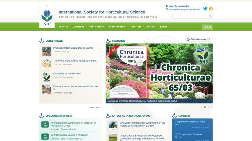 Homepage of International Society for Horticultural Science with navigation menu and featured article on Chronica Horticulturae 65/03
