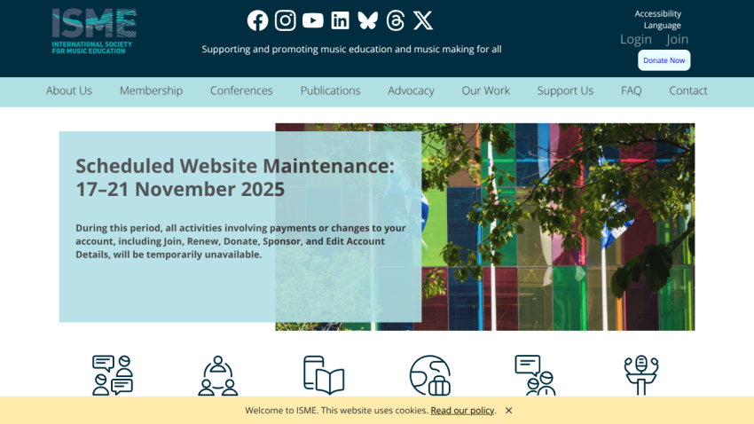 ISME website with navigation and a scheduled maintenance notice for 17-21 November 2025