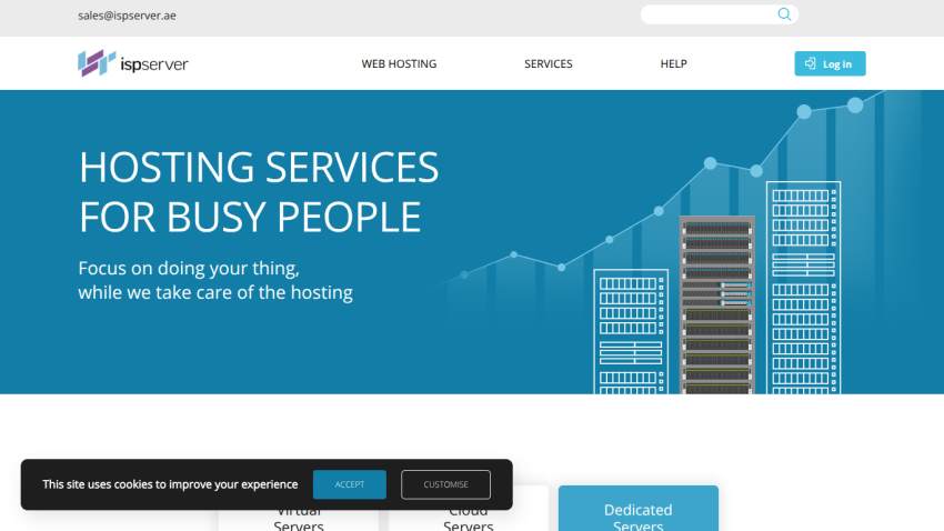 ISPserver hosting services homepage with navigation and a hero section promoting hosting for busy people