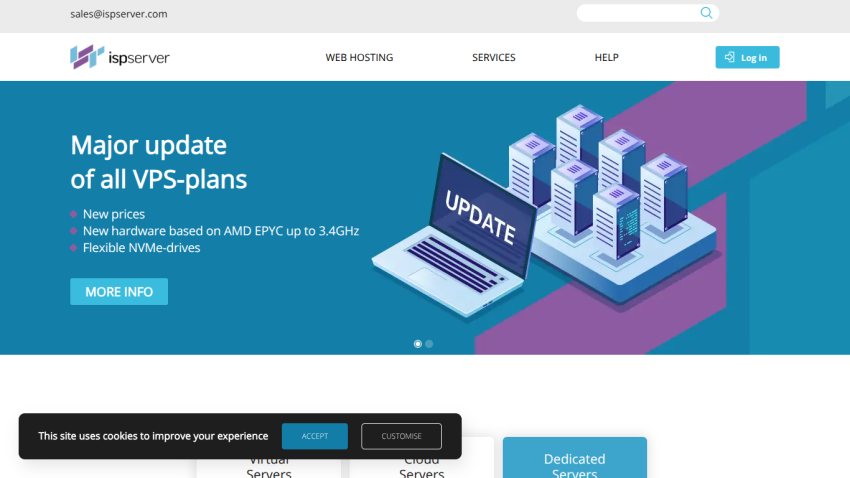 ISPserver website with major update announcement for VPS plans featuring new prices, AMD EPYC hardware, and NVMe drives