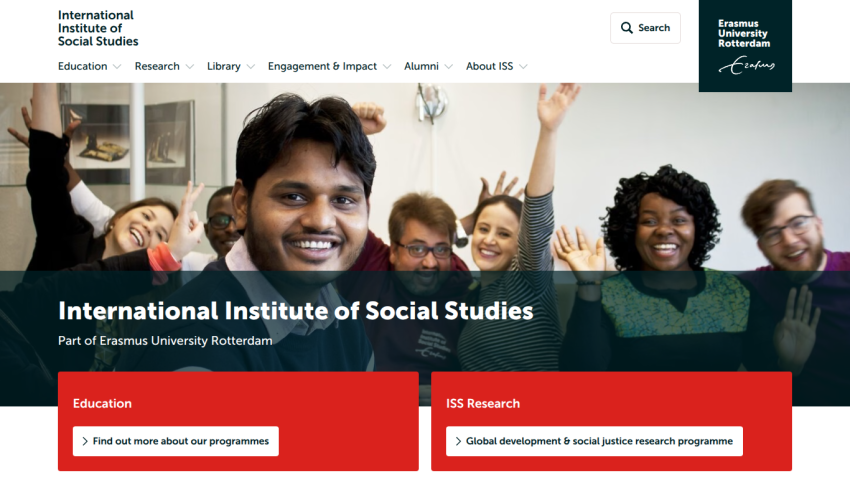 International Institute of Social Studies homepage with navigation and links to education and research programs