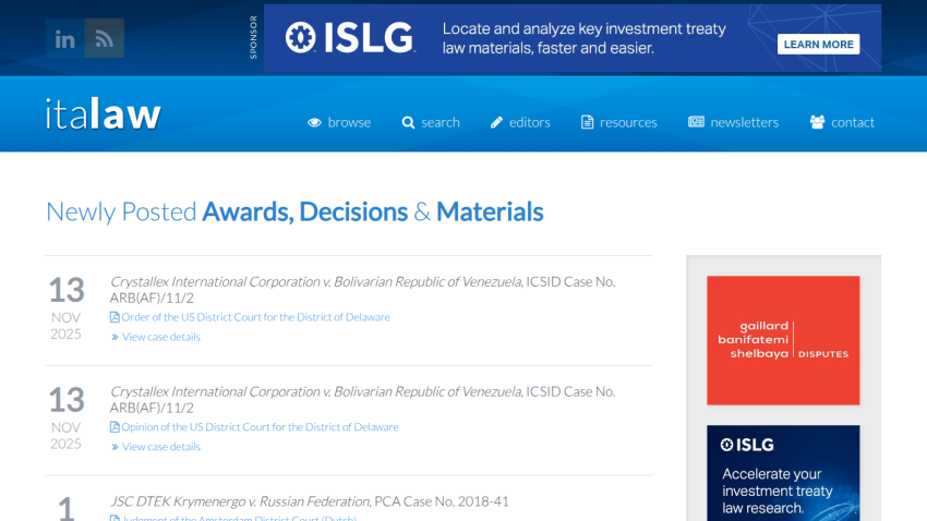 Italaw website showing newly posted awards, decisions, and materials with case details and navigation menu