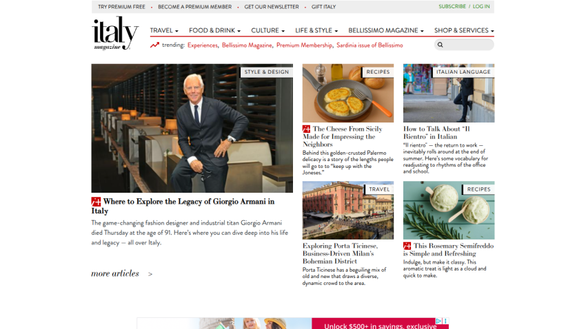 Homepage featuring articles on travel, food, and lifestyle in Italy.