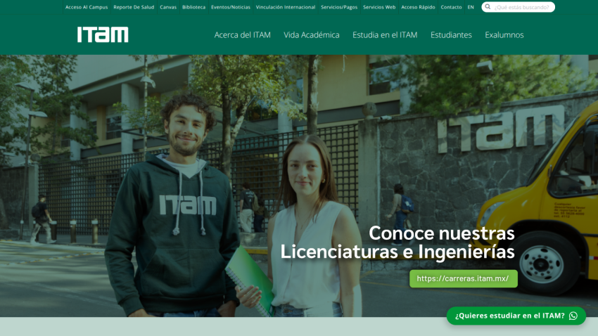 ITAM homepage featuring students and a call to explore degrees and engineering programs.