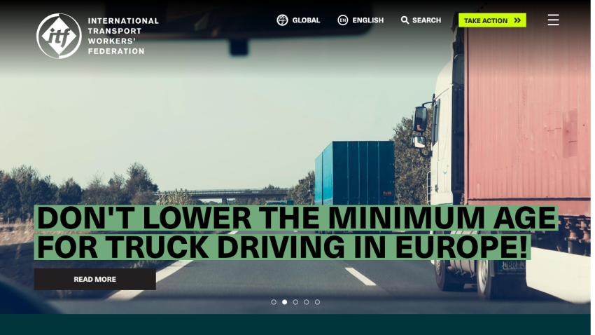 International Transport Workers Federation homepage with headline advocating not to lower minimum age for truck driving in Europe
