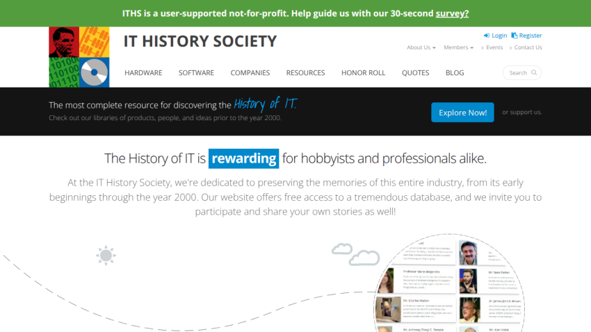 IT History Society homepage offering resources and free access to IT history database up to year 2000