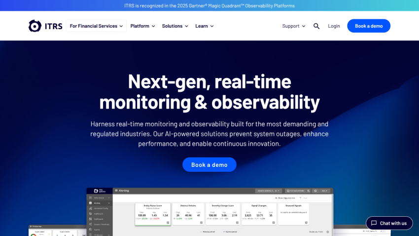 Homepage of ITRS with headline about next-gen real-time monitoring and observability and a call to action button